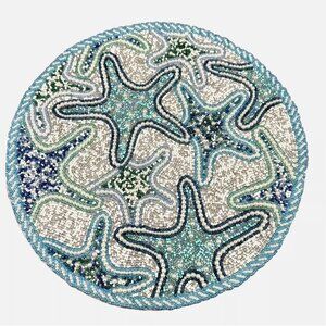 x2 Tahari Beaded Starfish Placemat Set Ocean Blue Turquoise Beach Coastal 15"